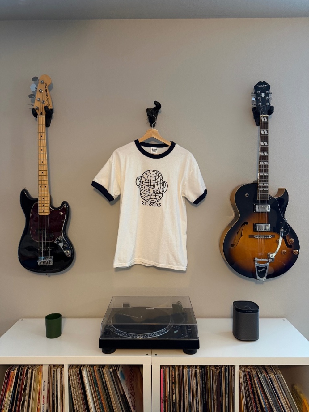Soild Gold Records Graphic Ringer Tee White Black Men's Size M
